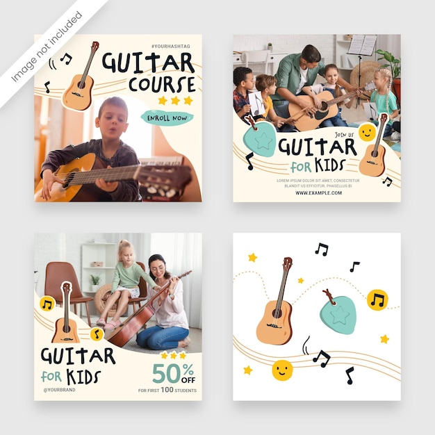 PSD leçon de musique de guitare apprendre le modèle de bannière de médias sociaux de guitare avec des illustrations musicales notes de musique