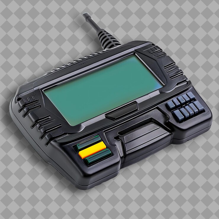 PSD lector de código con cuerpo de plástico negro y pantalla a color una herramienta herramienta png en fondo limpio