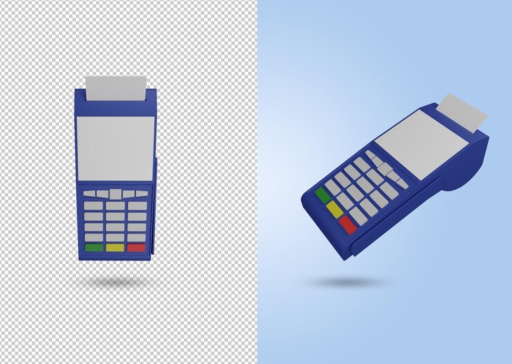 PSD lector de tarjetas de crédito, terminal de pago pos con recibo en papel 3d render
