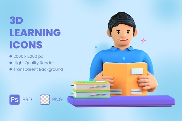 Lectura de ilustración de icono 3D