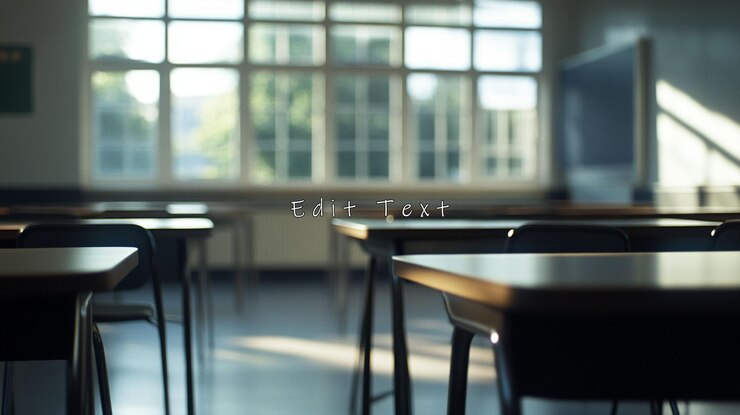 PSD leere schreibtische und stühle in der klasse in der nähe eines großen fensters