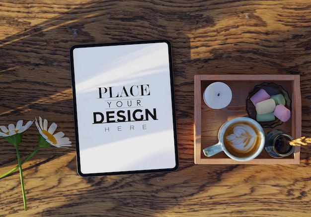 Leere Tablette mit Dekoration PSD Mockup