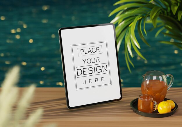 Leere tablette mit dekoration psd mockup