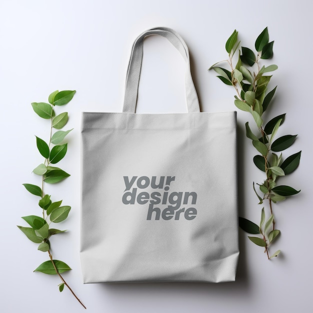 Leere weiße Canvas-Tasche mit Blätter-Attrappe