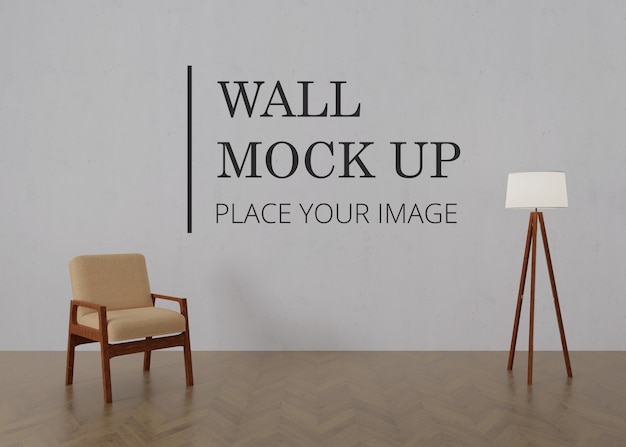 Leerer Raum-Wand-Spott oben mit Bretterboden - einzelner Brown-Holzstuhl und -lampe