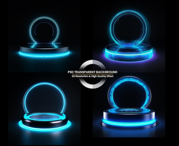 Leeres dunkles Podium mit realistischen Kugeln und Neonring auf Hintergrund