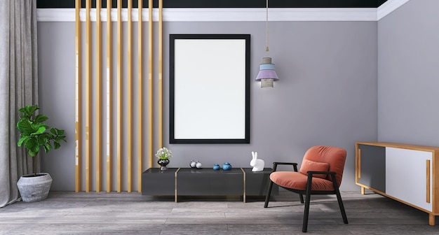 Leeres Fotorahmen-Modell im modernen Wohnzimmer-Innendesign mit Sofa, Möbeln, grauer Wand