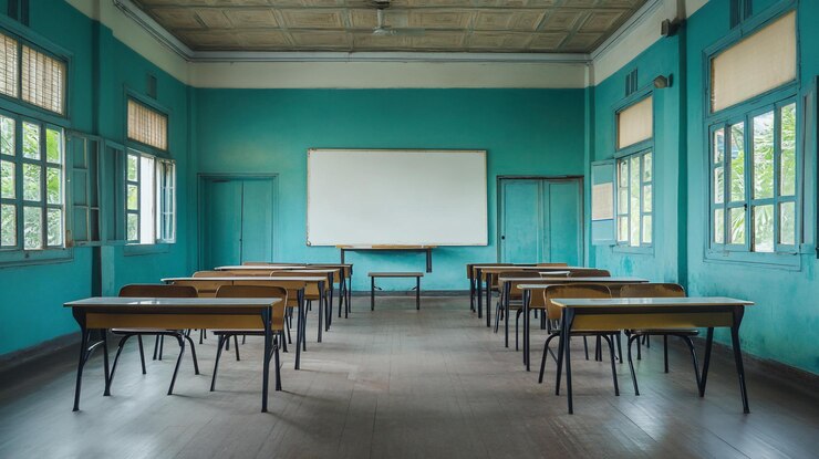 PSD leeres grünfarbenes klassenzimmer mit holzschreibtischen und whiteboard