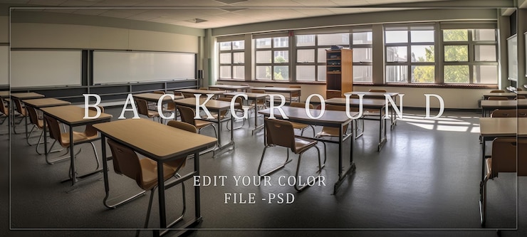 PSD leeres klassenzimmer mit schreibtischen und stühlen