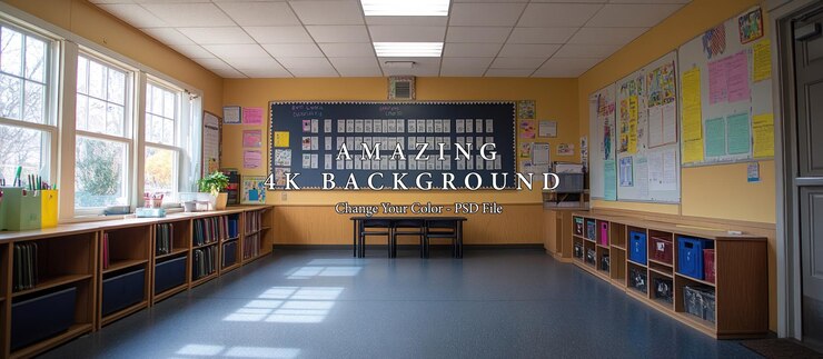 PSD leeres klassenzimmer mit tafel und regalen