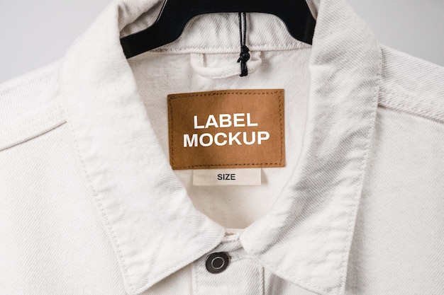 Leeres Kleidungsetikett auf Jeansjackentextur Etikett mit leerem Platz für Text