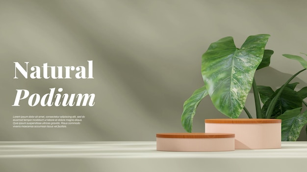 Leeres Mockup aus Pfirsich und hölzernem Texturpodium in Landschaft mit 3D-Rendering der Alocasia-Pflanze