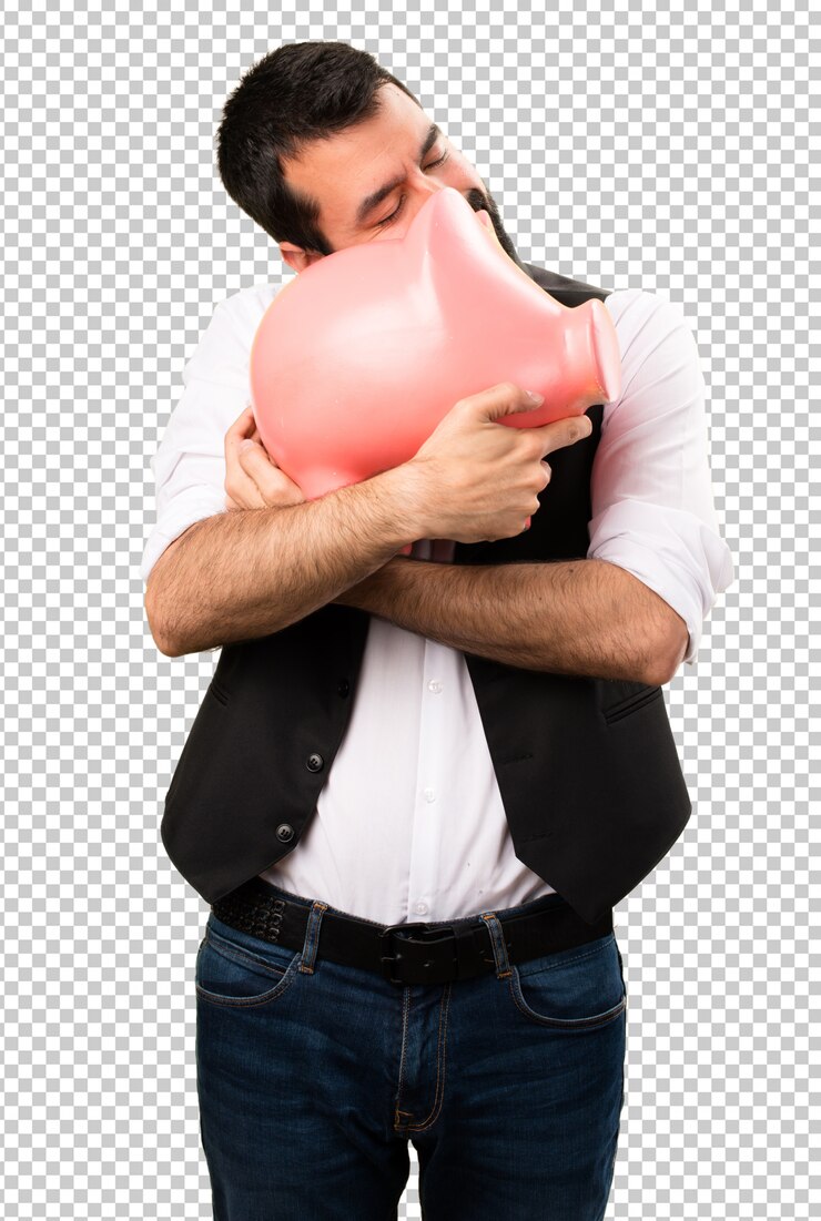 PSD legal homem segurando um piggybank