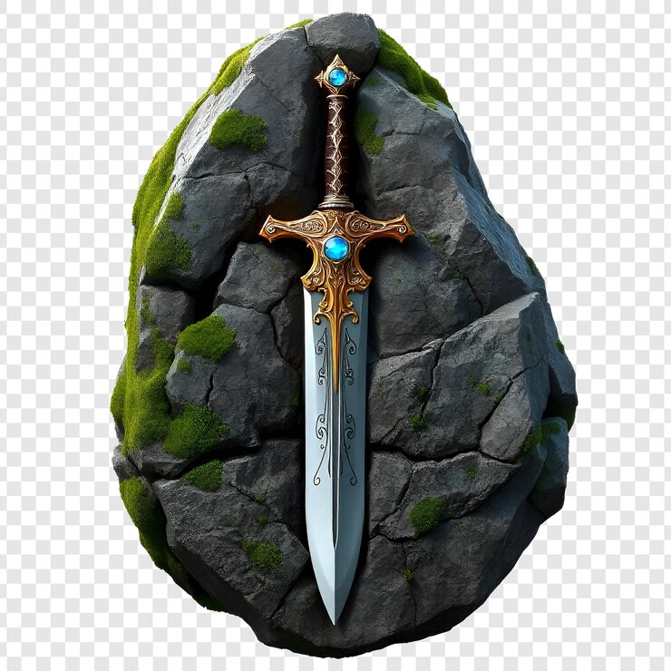 PSD la legendaria espada excalibur en piedra aislada sobre un fondo transparente