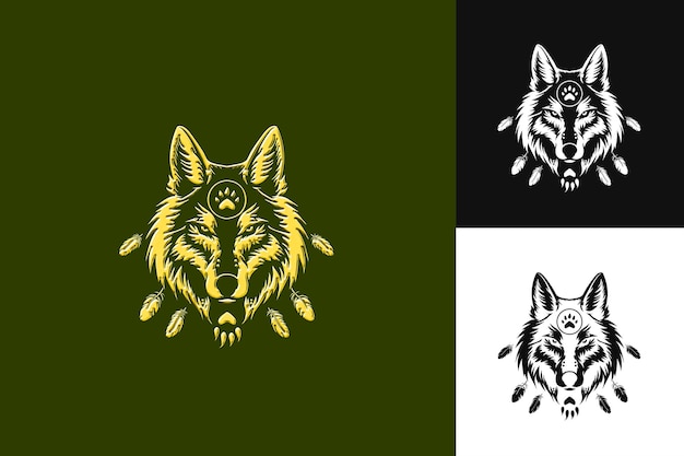 El legendario logotipo del coyote nativo americano con impresiones de patas y colecciones de diseño vectorial abstracto de Fe