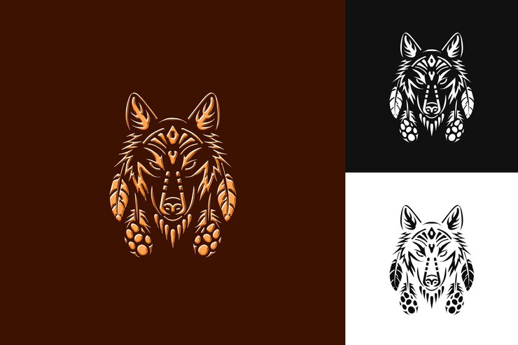 PSD el legendario logotipo del coyote nativo americano con impresiones de patas y colecciones de diseño vectorial abstracto de fe