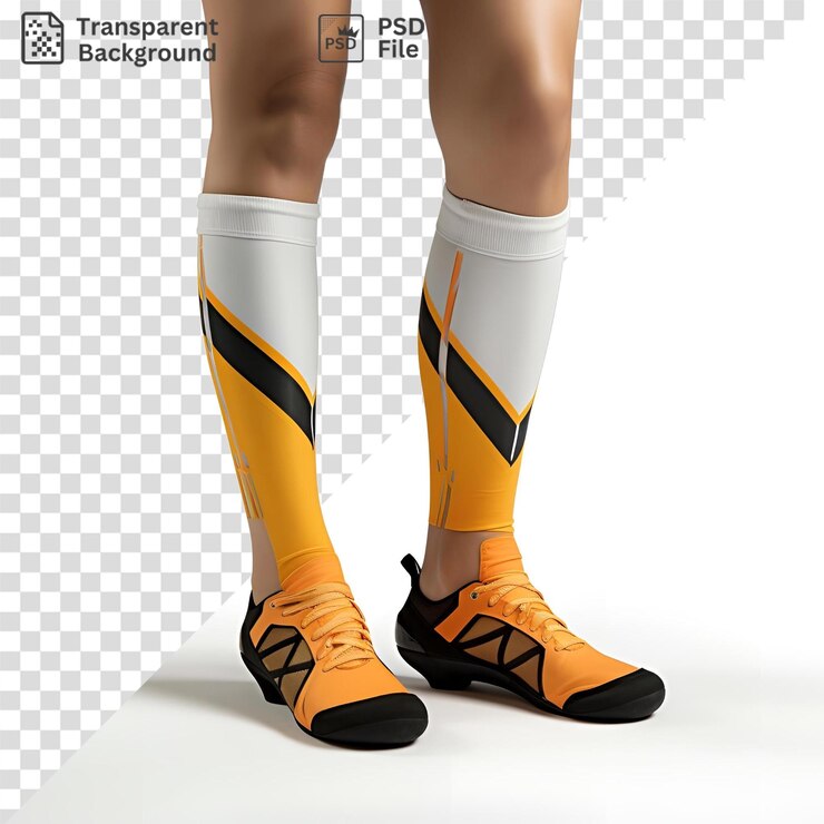 PSD leggings únicos y un zapato amarillo y negro emparejado con un calcetín blanco y una pierna amarilla y negra creando un aspecto único y elegante