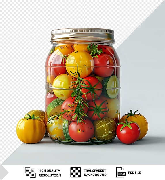 PSD des légumes étonnamment conservés dans un pot en verre avec un couvercle en argent, y compris une tomate rouge et une citrouille jaune et orange affichée contre un mur blanc avec une ombre sombre en arrière-plan