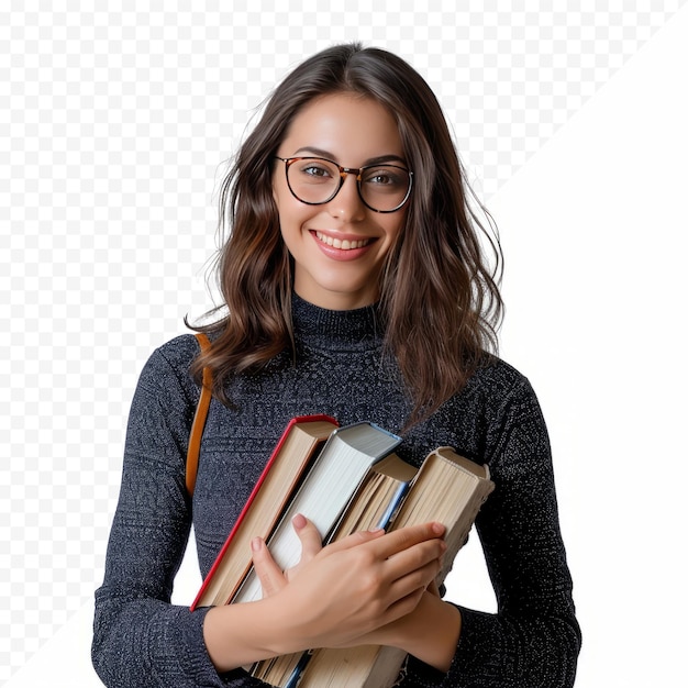 Lehrerin mit büchern, isoliertes porträt auf weißem bild, mädchen lächelt mit zähnen