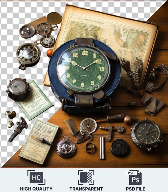 PSD lembranças de aviação vintage colocadas em uma mesa de madeira com um relógio prateado preto e um pequeno relógio