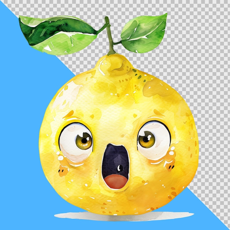 PSD lemon with a surprised expression dripping with sweat watercolor png clipart