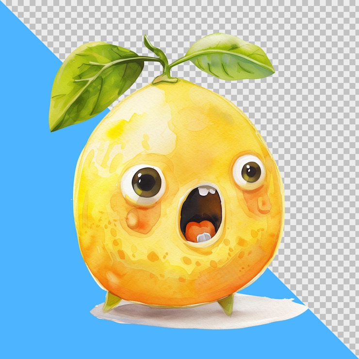 PSD lemon with a surprised expression dripping with sweat watercolor png clipart
