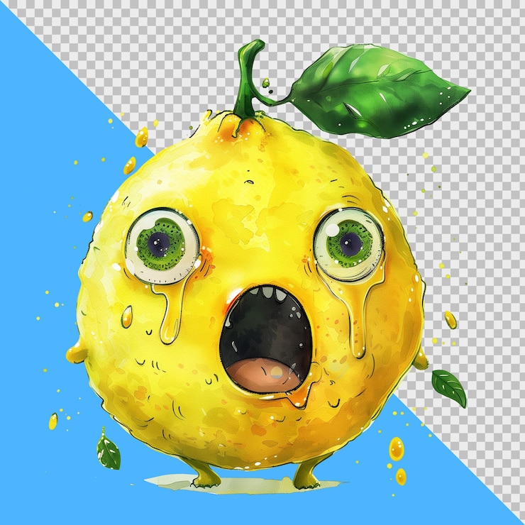 PSD lemon with a surprised expression dripping with sweat watercolor png clipart