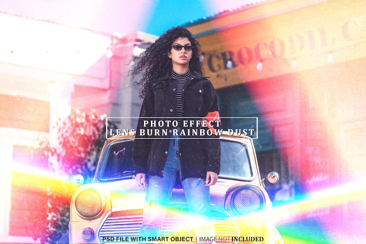 PSD lensa burn rainbow dust efek foto psd