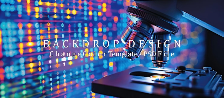 PSD lente de microscópio em close-up com dados digitais desfocados em segundo plano