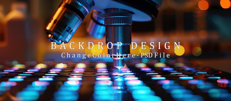 PSD lente de microscópio sobre uma grade de luzes coloridas