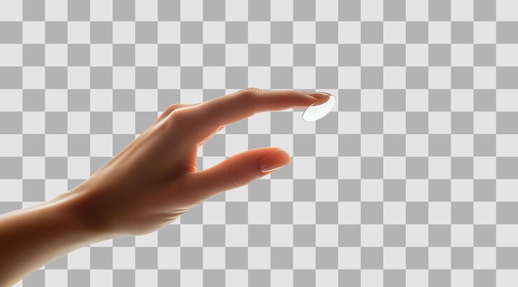 PSD lentes de contacto png en manos aisladas sobre un fondo blanco creadas con tecnología de ia generativa