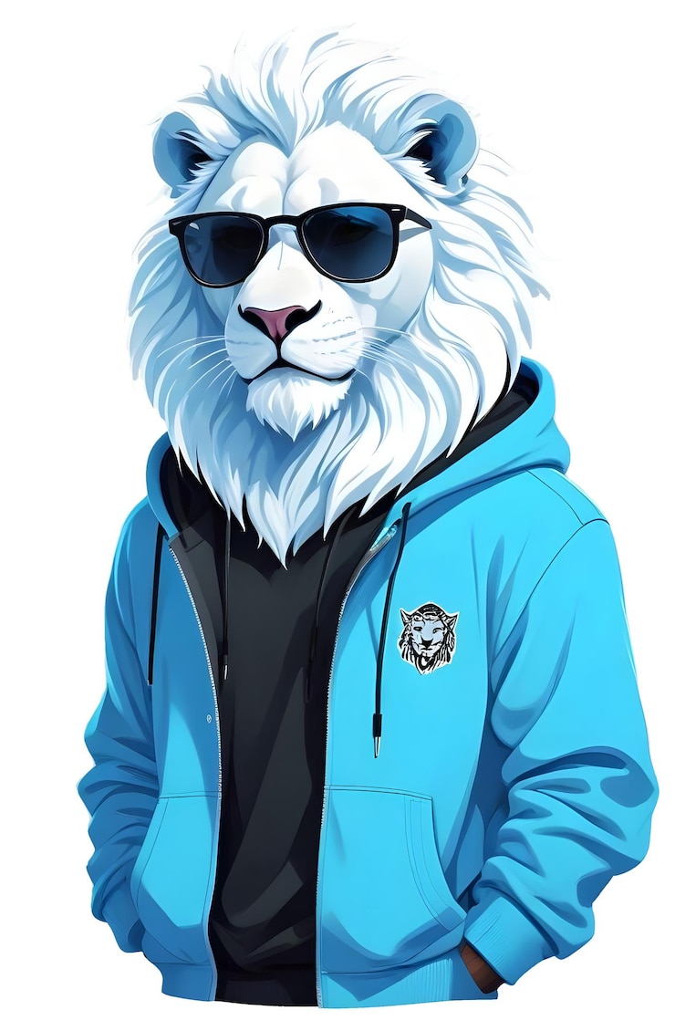 PSD león con capucha animales divertidos y geniales ilustración de personajes gráfico vectorial