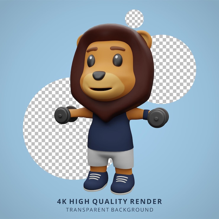PSD león lindo haciendo fitness y levantamiento de pesas ilustración de personaje animal 3d
