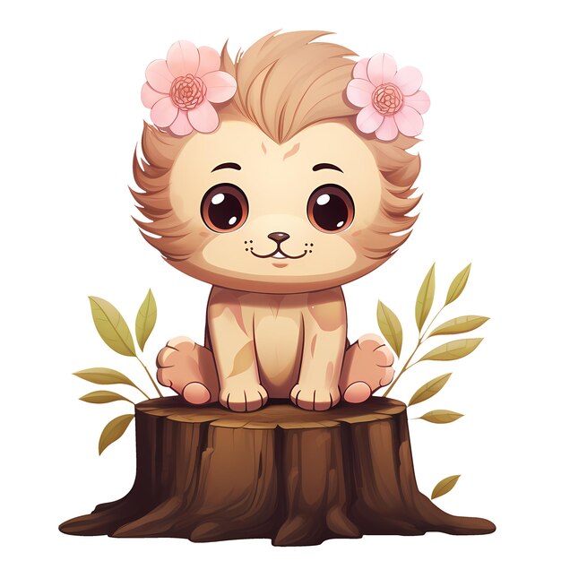 PSD león lindo en el tronco del árbol ilustración de clipart de acuarela