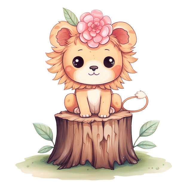 PSD león lindo en el tronco del árbol ilustración de clipart de acuarela