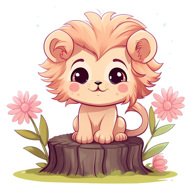 PSD león lindo en el tronco del árbol ilustración de clipart de acuarela