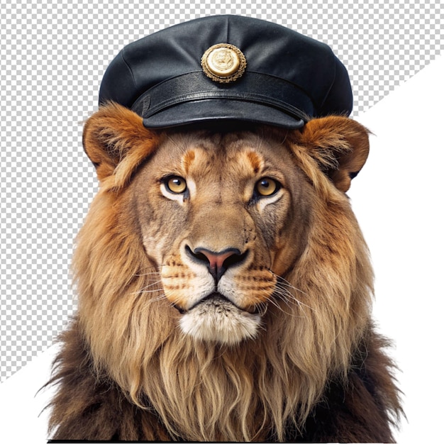PSD león con un sombrero de policía en un fondo transparente