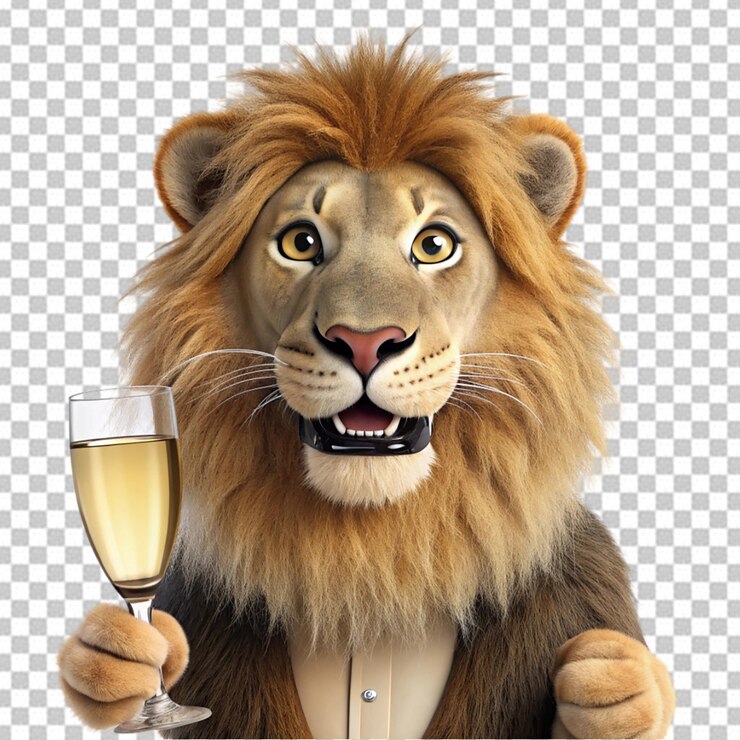 PSD león sosteniendo un vaso de vino