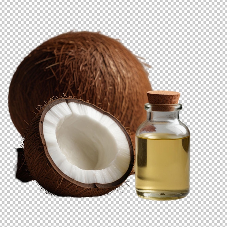 PSD leonardo lightning xl una botella de aceite de coco junto a un coco