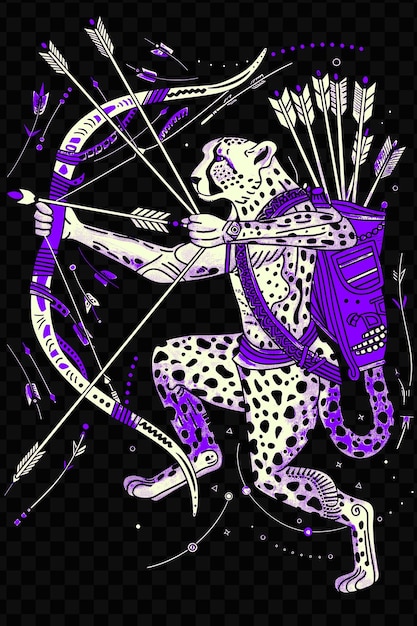 PSD un leopardo con un arco y flechas en una impresión púrpura y púrpura