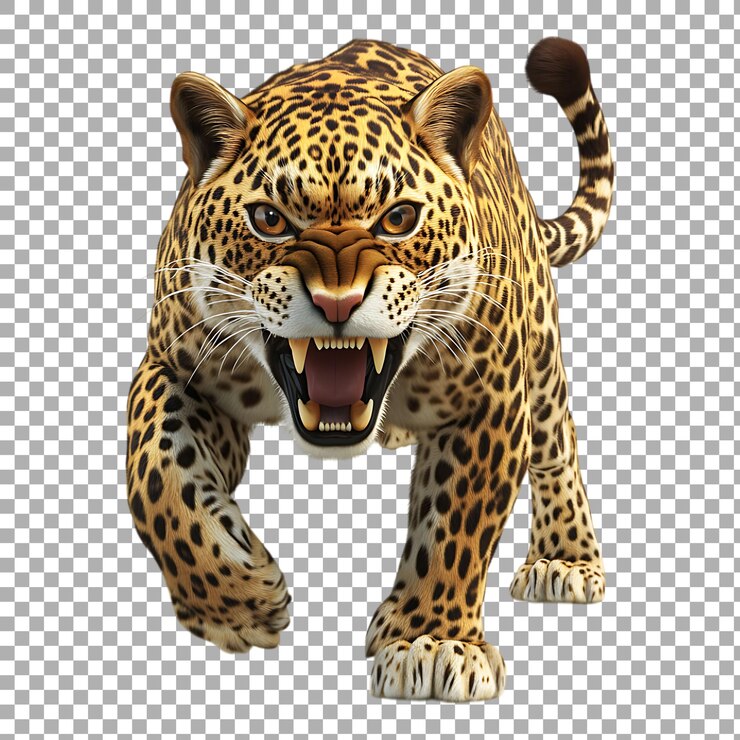 PSD leopardo de dibujos animados de png rugiendo contra un fondo transparente