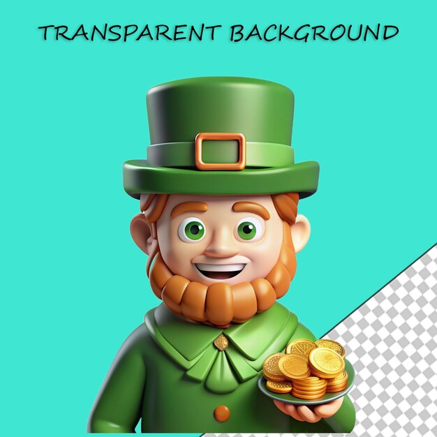 PSD leprechaun 3d com caldeirão dinheiro dourado e folha de trevo