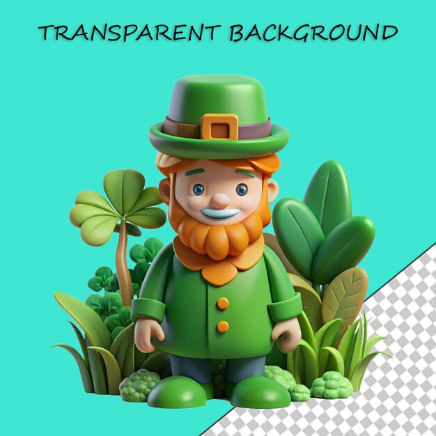 PSD leprechaun 3d en estilo de dibujos animados y portada de hoja png transparente