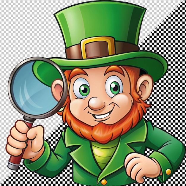 PSD leprechaun com lupa em fundo transparente