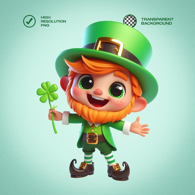 Leprechaun de pé bonito 3d render transparente fundo isolado.