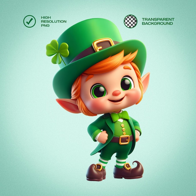 Leprechaun de pé bonito 3d render transparente fundo isolado.