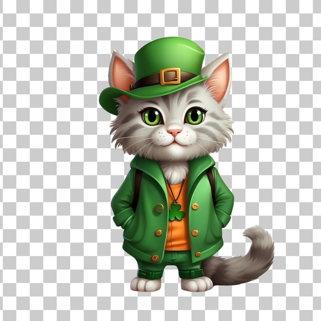 PSD leprechaun-katze trägt ein grünes leprechauns-kostüm auf durchsichtigem hintergrund