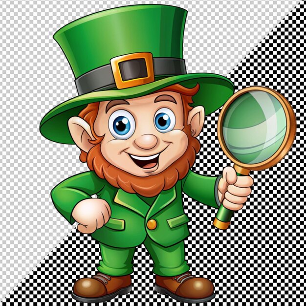 PSD leprechaun avec une loupe sur un fond transparent