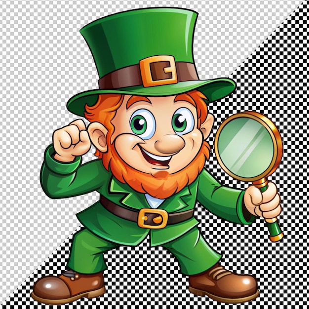 PSD leprechaun con lupa en un fondo transparente