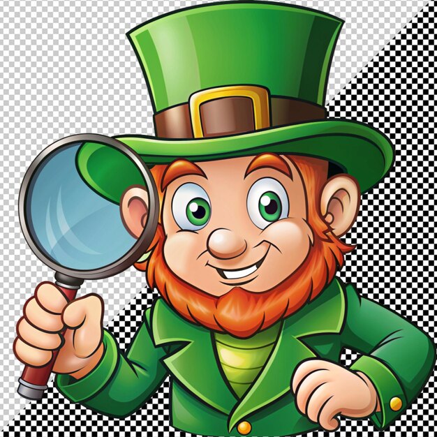 PSD leprechaun con lupa en un fondo transparente